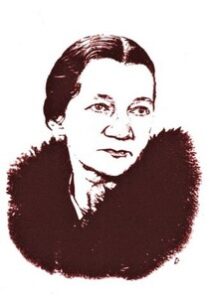 Grafika przedstawiająca na białym tle twarz Anny Leśkiewicz. 